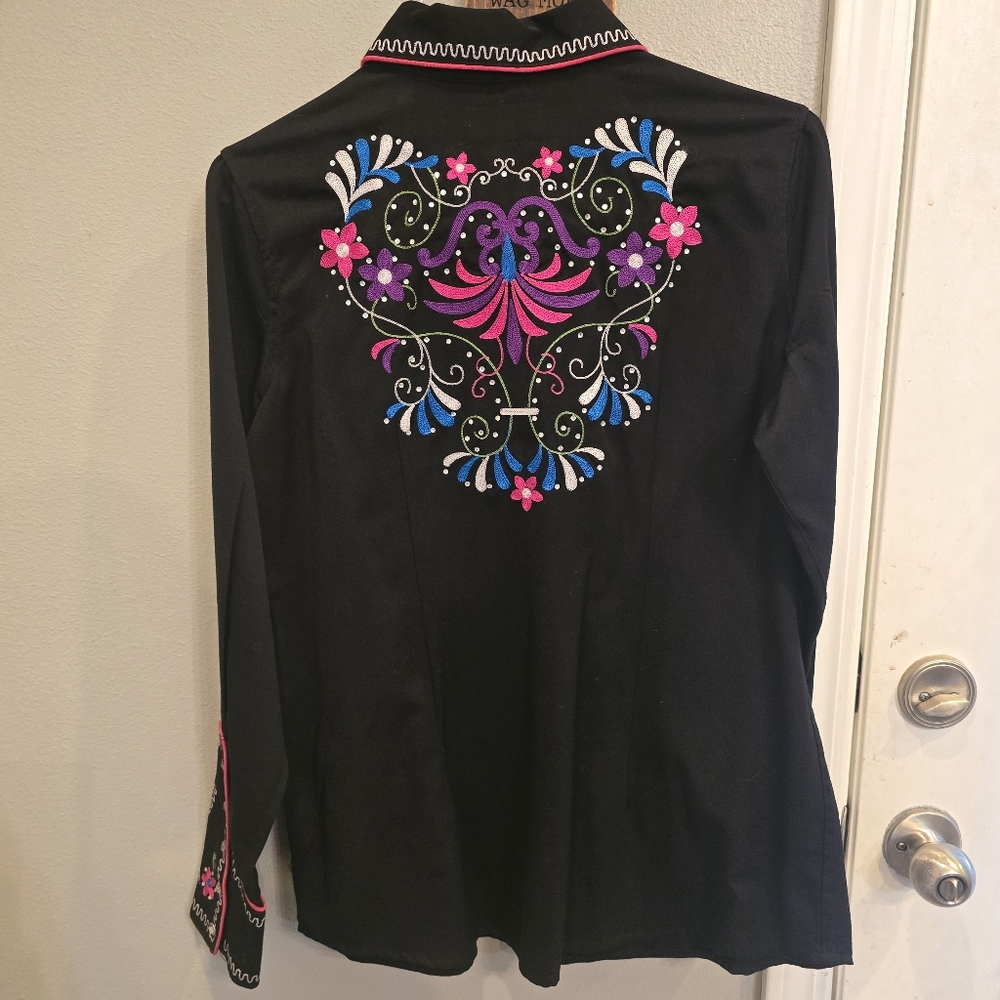 Panhandle Slim Black Button-Down Shirt with Pink & Blue Embroidery